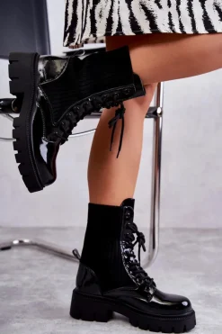 Damskie Lakierowane Workery Botki Ze Skarpetą Czarne Abigail