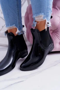 Damskie Lakierowane Wsuwane Czarne Kalosze Pola