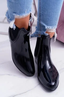 Damskie Lakierowane Wsuwane Czarne Kalosze Pola