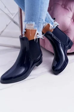 Damskie Lakierowane Wsuwane Kalosze Granatowe Pola