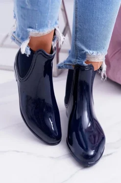 Damskie Lakierowane Wsuwane Kalosze Granatowe Pola