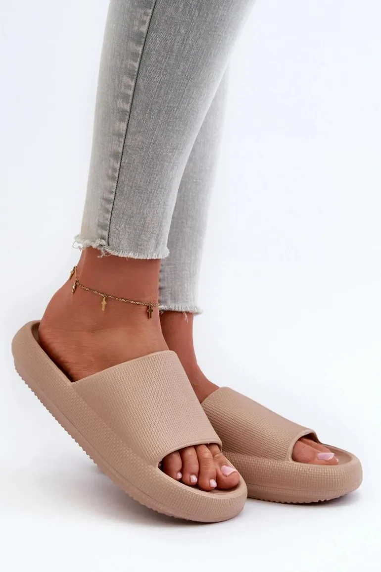 Damskie Lekkie Piankowe Klapki Na Grubej Podeszwie Ciemnobeżowe Querceria