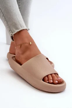 Damskie Lekkie Piankowe Klapki Na Grubej Podeszwie Ciemnobeżowe Querceria