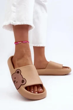 Damskie Lekkie Piankowe Klapki Motyw Misia Ciemnobeżowe Parisso