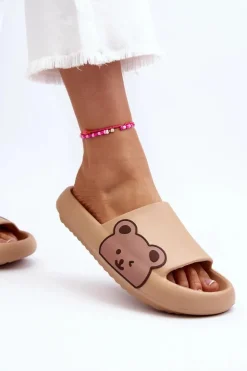 Damskie Lekkie Piankowe Klapki Motyw Misia Ciemnobeżowe Parisso