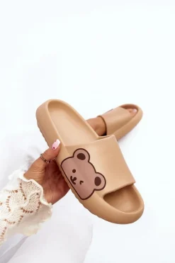 Damskie Lekkie Piankowe Klapki Motyw Misia Ciemnobeżowe Parisso