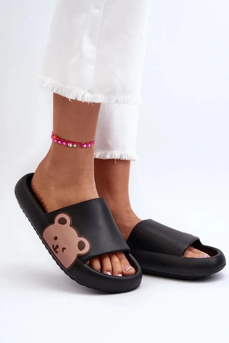 Damskie Lekkie Piankowe Klapki Motyw Misia Czarne Parisso