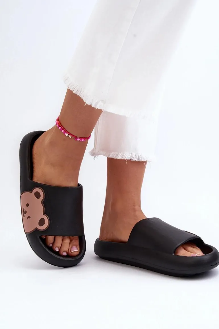 Damskie Lekkie Piankowe Klapki Motyw Misia Czarne Parisso