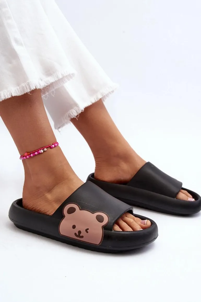 Damskie Lekkie Piankowe Klapki Motyw Misia Czarne Parisso