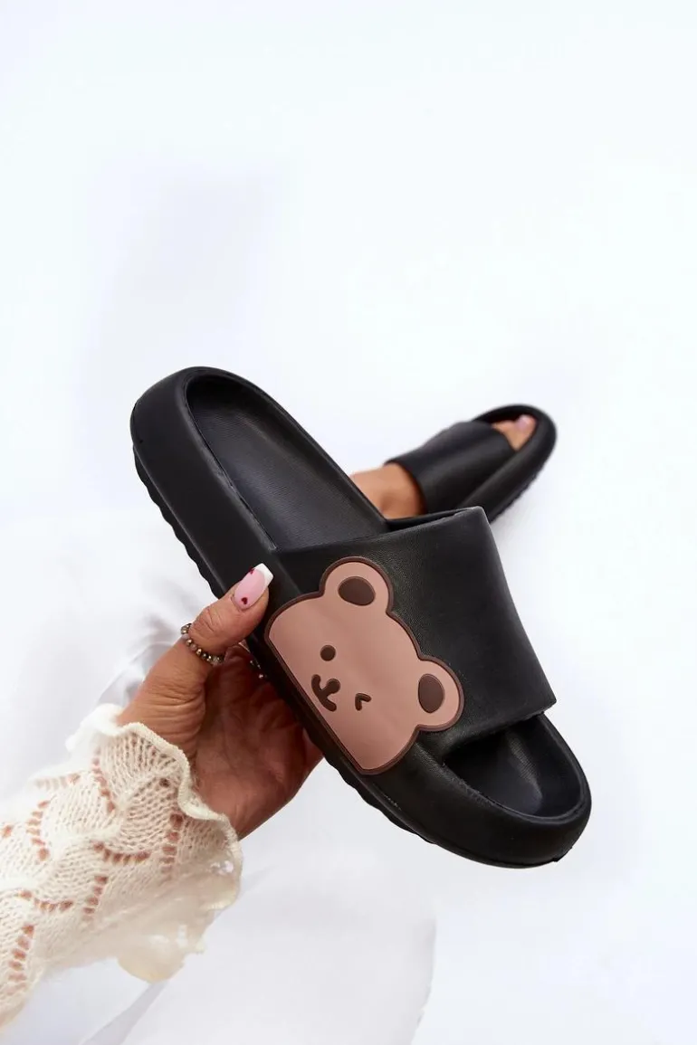 Damskie Lekkie Piankowe Klapki Motyw Misia Czarne Parisso