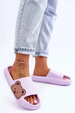 Damskie Lekkie Piankowe Klapki Motyw Misia Fioletowe Parisso