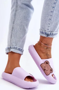 Damskie Lekkie Piankowe Klapki Motyw Misia Fioletowe Parisso