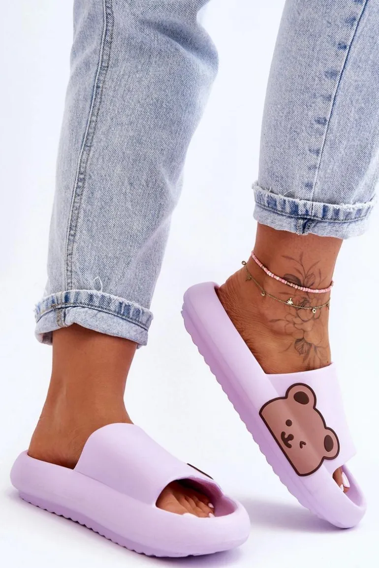Damskie Lekkie Piankowe Klapki Motyw Misia Fioletowe Parisso