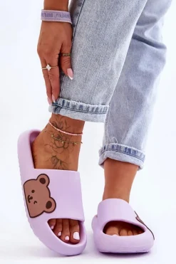 Damskie Lekkie Piankowe Klapki Motyw Misia Fioletowe Parisso