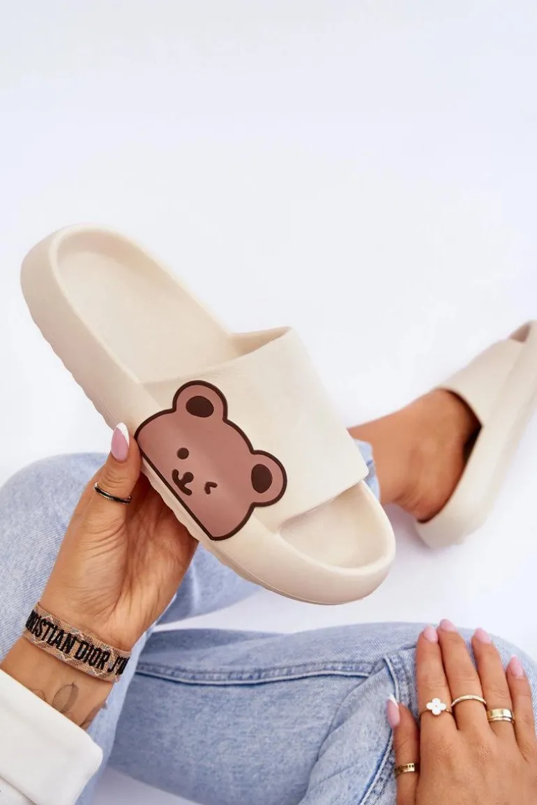 Damskie Lekkie Piankowe Klapki Motyw Misia Beżowe Parisso