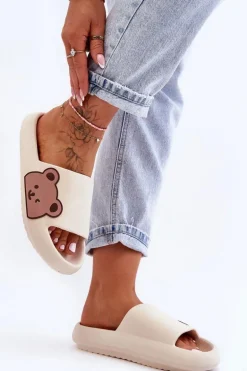 Damskie Lekkie Piankowe Klapki Motyw Misia Beżowe Parisso