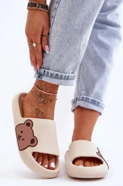 Damskie Lekkie Piankowe Klapki Motyw Misia Beżowe Parisso