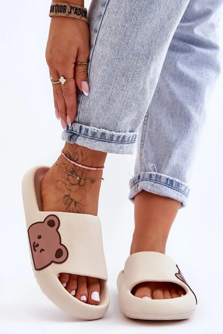 Damskie Lekkie Piankowe Klapki Motyw Misia Beżowe Parisso