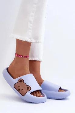 Damskie Lekkie Piankowe Klapki Motyw Misia Niebieskie Parisso