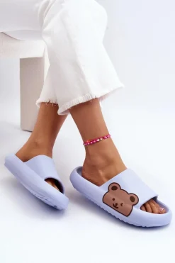 Damskie Lekkie Piankowe Klapki Motyw Misia Niebieskie Parisso