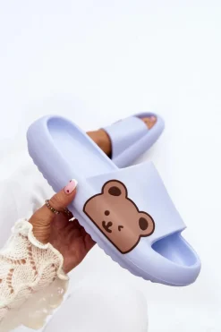 Damskie Lekkie Piankowe Klapki Motyw Misia Niebieskie Parisso