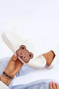 Damskie Lekkie Piankowe Klapki Motyw Misia Białe Parisso