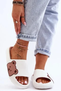 Damskie Lekkie Piankowe Klapki Motyw Misia Białe Parisso