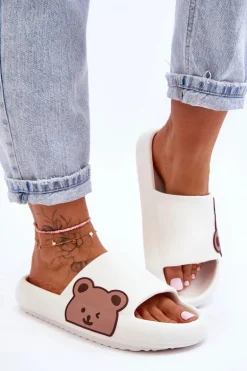 Damskie Lekkie Piankowe Klapki Motyw Misia Białe Parisso