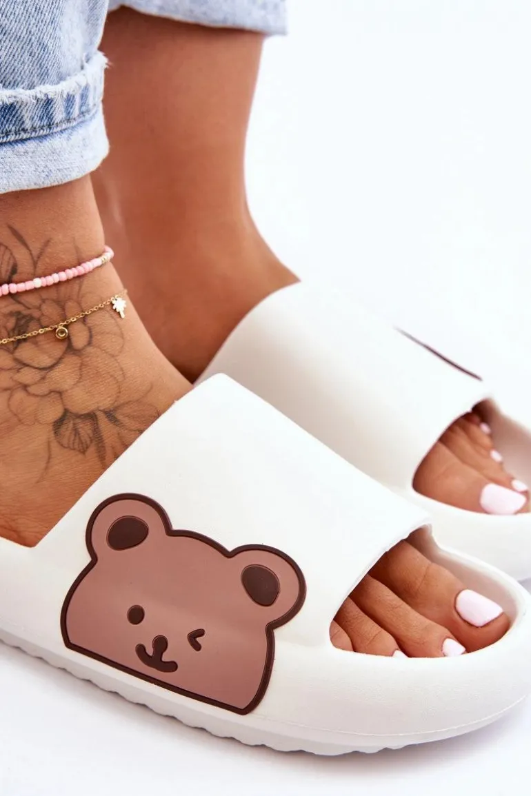 Damskie Lekkie Piankowe Klapki Motyw Misia Białe Parisso