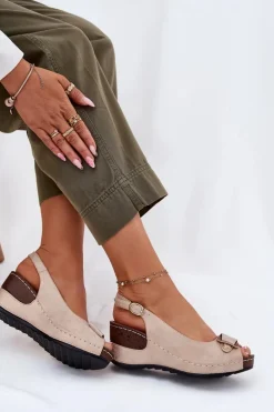 Damskie Lekkie Sandały Na Koturnie Comfort Shoes Beżowo-Złote Efravia