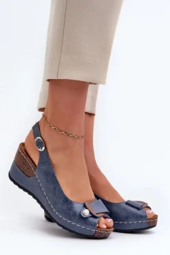 Damskie Lekkie Sandały Na Koturnie Comfort Shoes Niebieskie Efravia