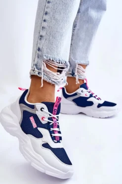 Damskie Lekkie Sportowe Buty Big Star LL274376 Biało-Granatowe
