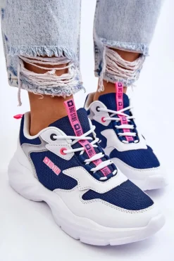 Damskie Lekkie Sportowe Buty Big Star LL274376 Biało-Granatowe