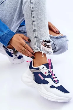Damskie Lekkie Sportowe Buty Big Star LL274376 Biało-Granatowe