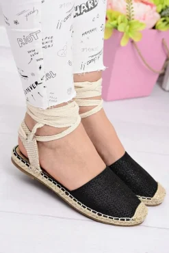 Damskie Lniane Balerinki Wiązane Czarne Espadryle Sea