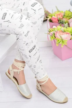 Damskie Lniane Balerinki Wiązane Srebrne Espadryle Sea