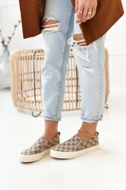 Damskie Logowane Tenisówki Slip-On Khaki Challenge