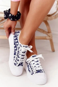 Damskie Logowane Trampki Biało-Granatowe Daphne