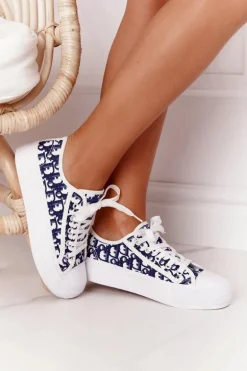 Damskie Logowane Trampki Biało-Granatowe Daphne