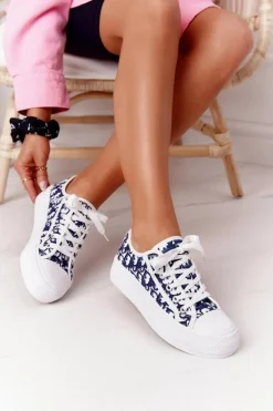 Damskie Logowane Trampki Biało-Granatowe Daphne