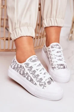 Damskie Logowane Trampki Biało-Szare Daphne