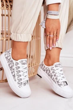 Damskie Logowane Trampki Biało-Szare Daphne