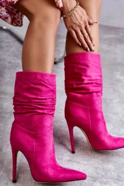 Damskie Marszczone Botki Kozaki Różowe Laguna