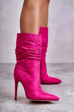 Damskie Marszczone Botki Kozaki Różowe Laguna