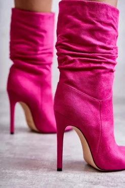 Damskie Marszczone Botki Kozaki Różowe Laguna