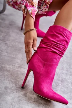 Damskie Marszczone Botki Kozaki Różowe Laguna