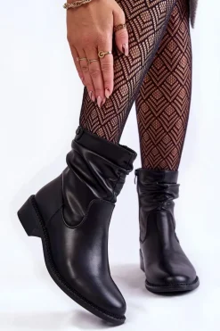 Damskie Marszczone Botki Na Płaskim Obcasie Czarne Sersa