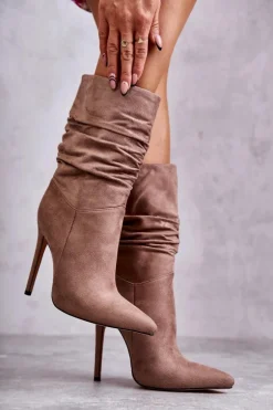 Damskie Marszczone Botki Kozaki Brązowe Laguna