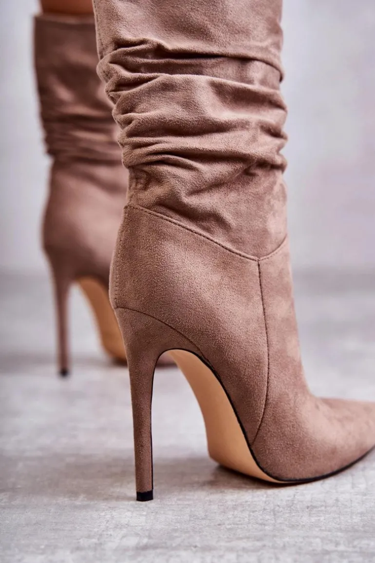 Damskie Marszczone Botki Kozaki Brązowe Laguna