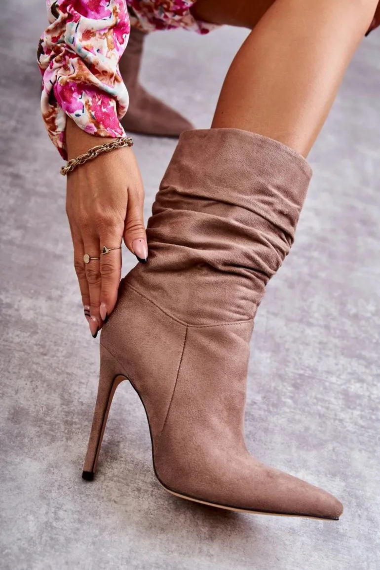 Damskie Marszczone Botki Kozaki Brązowe Laguna